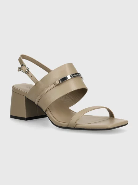 Кожени сандали Calvin Klein HEEL SANDAL 45 MET BAR LTH бежово