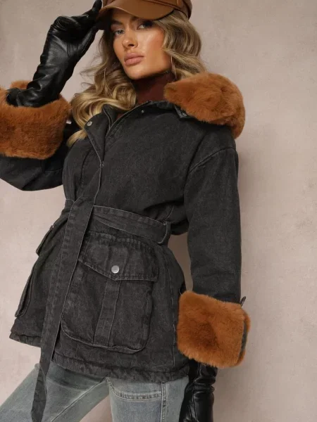 Jeansowa Kurtka z Odpinanym Futerkiem i Kapturem z Dodatkowym Tarwena czarna