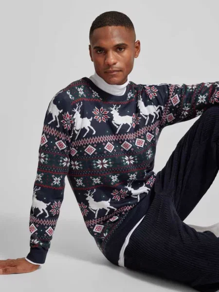 Sweter z dzianiny ze wzorem na całej powierzchni Lindbergh granatowy