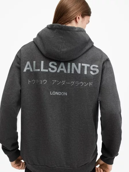 Кофта AllSaints UNDERGROUND з капюшоном з принтом сірий