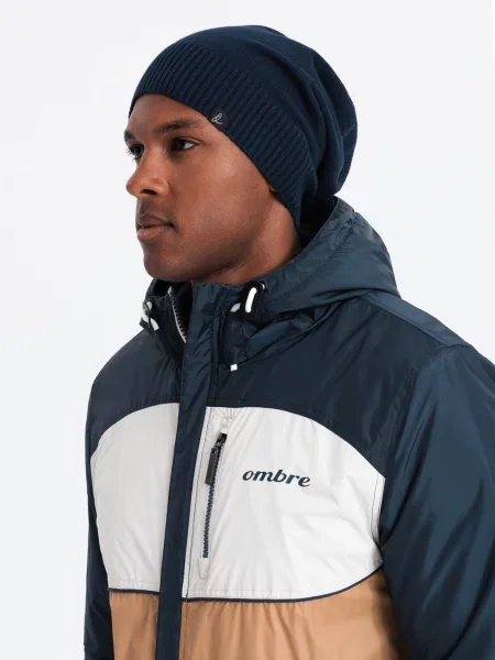 Ombre Męska czapka zimowa beanie z bawełnianej dzianiny – granatowa