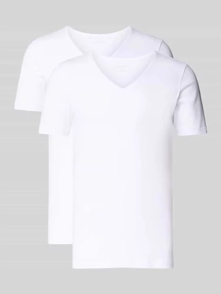 T-shirt o kroju slim fit z dekoltem w serek w zestaw 2 szt. Schiesser biała