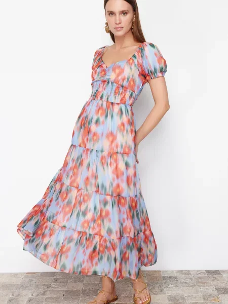 Rochie maxi Trendyol din șifon cu model floral în linie A albastru
