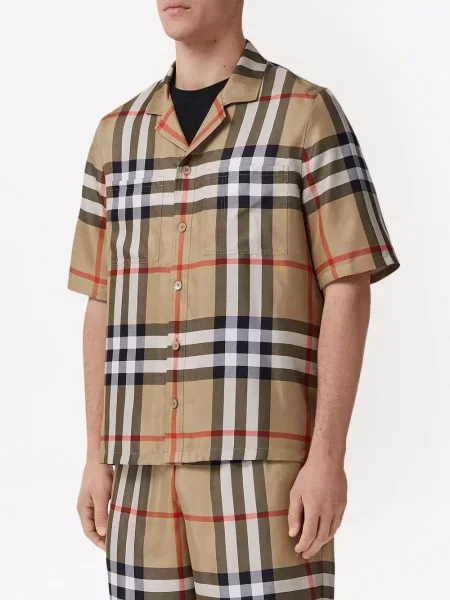 Hedvábná kostkovaná krátká košile Burberry hnědá