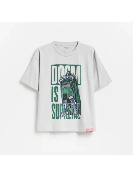 Reserved Tričko s příměsí bavlny Doctor Doom světle šedá