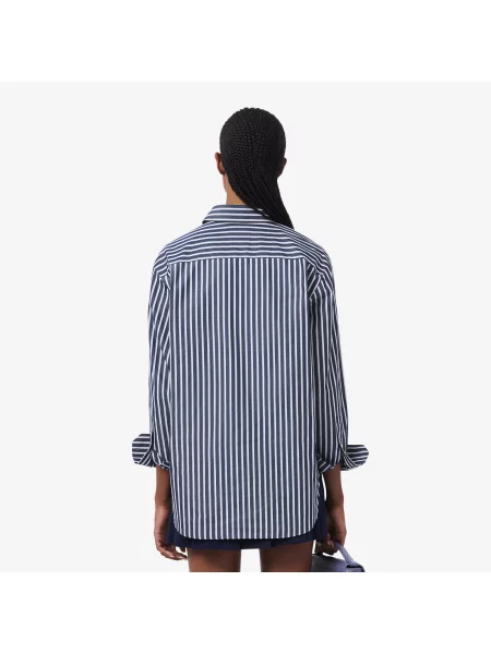Lacoste Koszula Bez Zapięcia W Paski Oversize granatowa