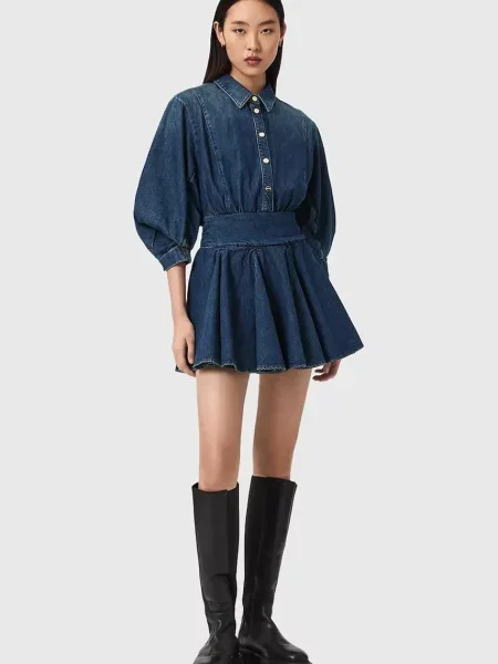 AllSaints sukienka rozkloszowana jeansowa ARLO niebieska