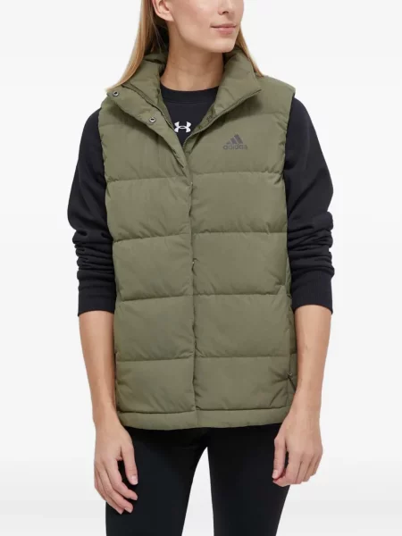 Geacă cu puf Adidas din piele de căprioară cu dungi cu glugă albastru