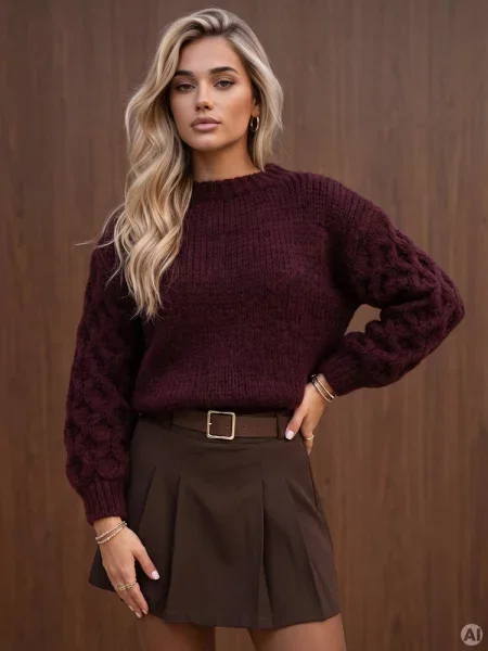 Sweter oversize z warkoczowym splotem śliwkowy Dstreet