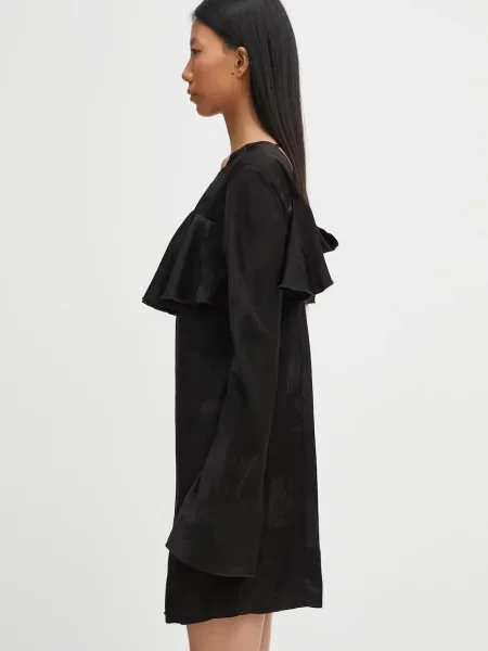 GANNI sukienka Fluid Satin Jacquard Mini Ruffle mini prosta czarny