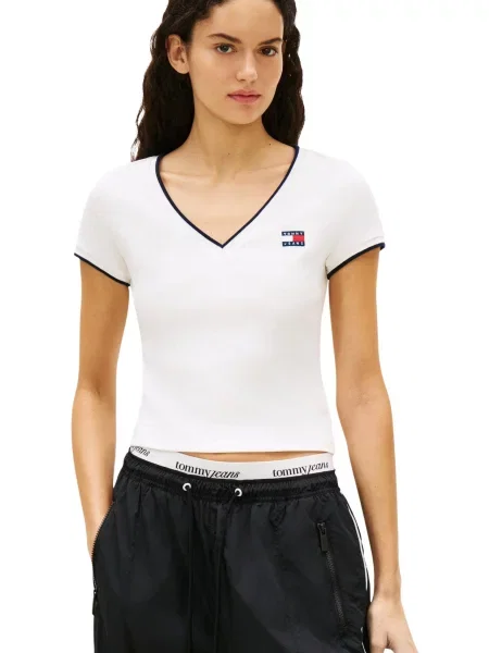 Top Tommy Hilfiger Jeans cu decolteu în V alb