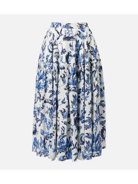 Fustă midi Erdem cu model floral din poplin albastru