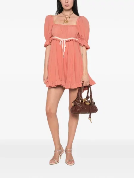Rochie mini Chloé de mătase cu volane roz