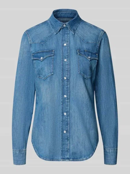 Bluzka Polo Ralph Lauren elegancka z kieszeniami na piersi niebieska