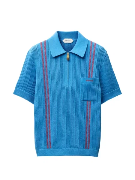 Tricou polo Versace tricotate cu autograf albastru