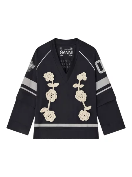 Top Ganni cu model floral din jerseu negru