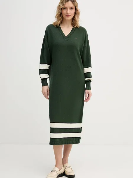 Obleka z dodatkom kašmirja Tommy Hilfiger zelena
