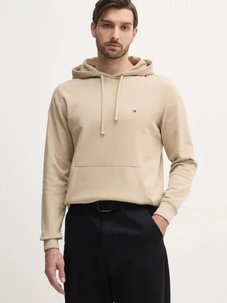 Меланжов суичър с качулка Tommy Hilfiger с качулка с принт бежово