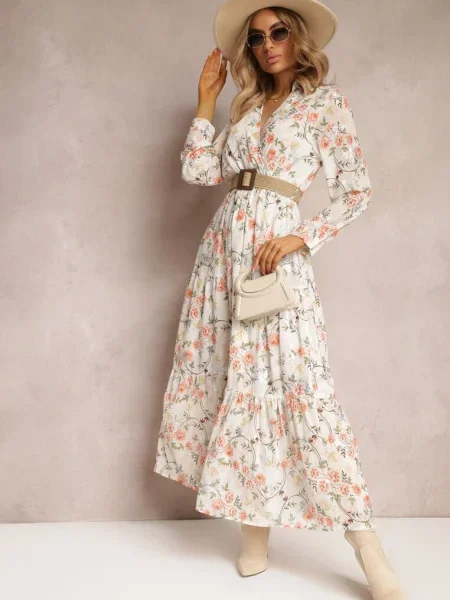 Rochie Maxi cu Împletită și în Talie cu Flori Elanisa albă