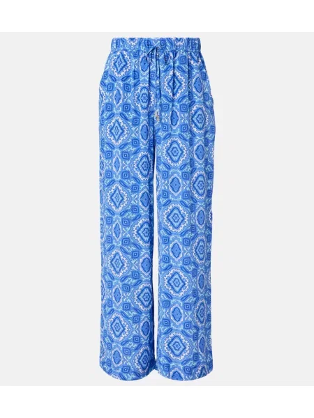 Pantaloni Heidi Klein de mătase cu imagine cu picior lat albastru