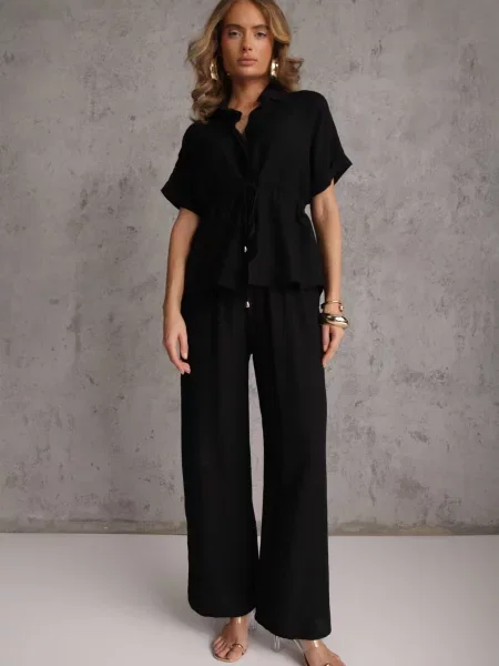 Komplet z Spodnie Wide Leg i Bluzka ze Ściągaczem w Talii Daemnell czarny
