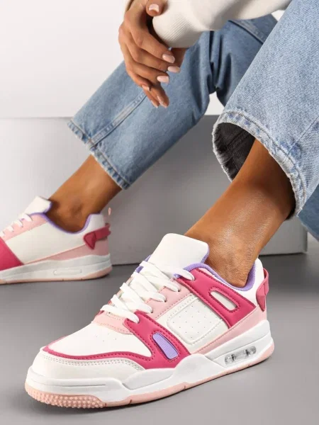 Biało-Różowe Sznurowane Sneakersy z Licznymi Wstawkami z Ekoskóry Gwendias białe