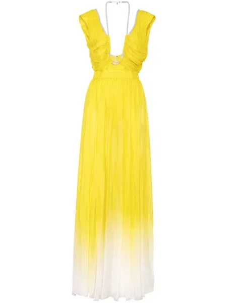 Jedwabna sukienka maxi Philipp Plein z dekoltem w serek garniturowa żółta