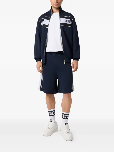 Fleece csíkos rövidnadrág Philipp Plein autogrammal kék