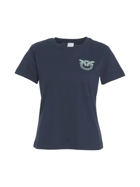 Koszulka polo Pinko z krótkim rękawem z kryształkami niebieska