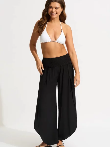 Seafolly pantaloni baggy femeiești din vâscoză Shirred Waist Wrap negru
