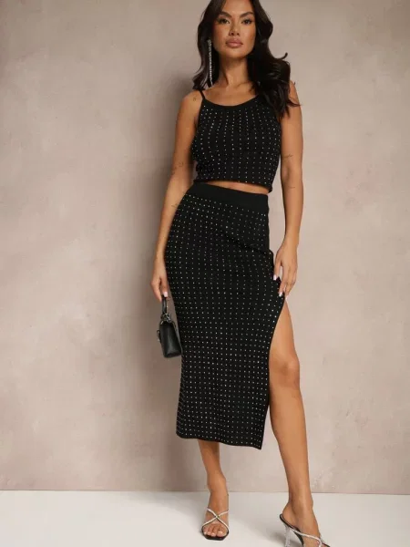 Cyrkoniowy Komplet z Dzianiny z Wiskozą Top i Dopasowana Spódnica Seliwen czarny