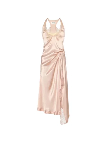 Rochie midi Maison Margiela asimetrică din dantelă roz