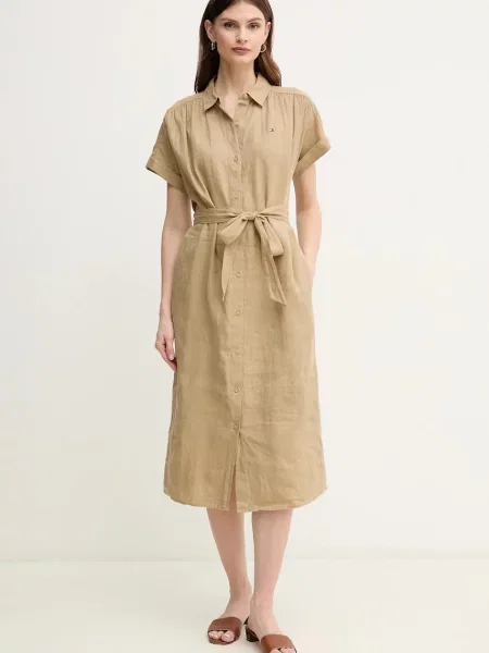 Tommy Hilfiger sukienka lniana zielony midi rozkloszowana beżowa