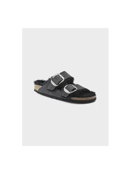 Klapki Birkenstock na sprzączkę z owczej skóry czarne