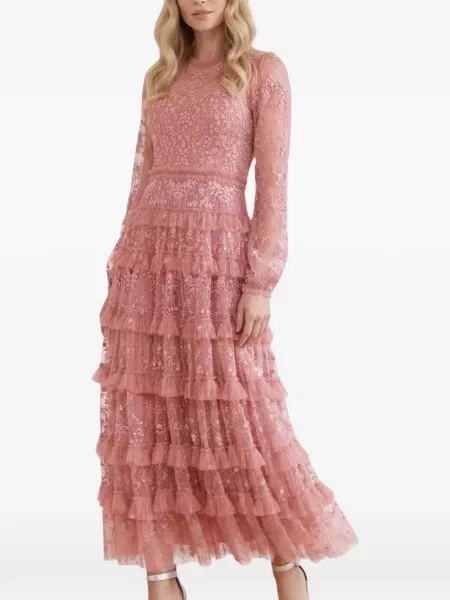 Rochie maxi Needle & Thread cu volane din dantelă roz
