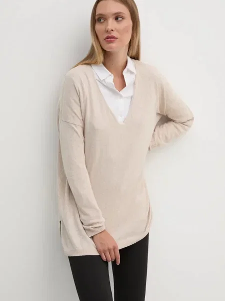 Svetr z vlněné směsi Pepe Jeans ISELA V-NECK dámský lehký béžová