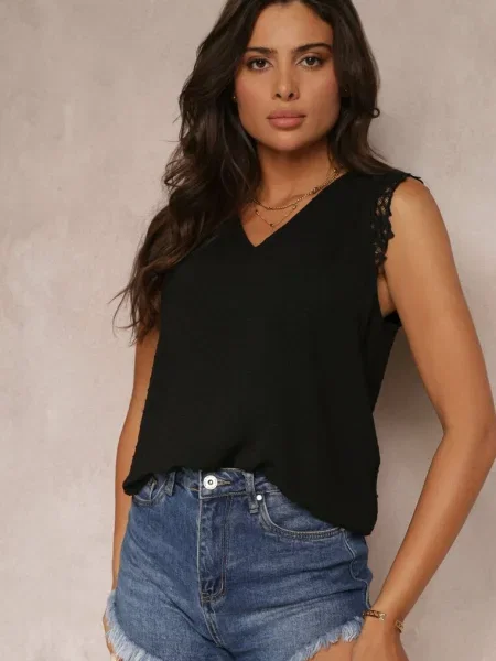 Bluză top din țesătură plumeti cu dantelă decorativă Caliya neagră