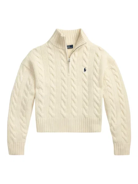 Kardigan Polo Ralph Lauren wełniany z logo z dekoltem w serek beżowy