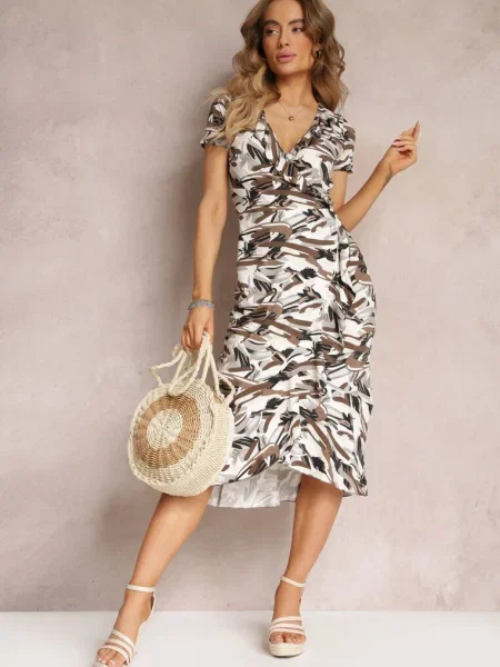 Rochie tip plic cu volan și imprimeu abstract Underhill maro
