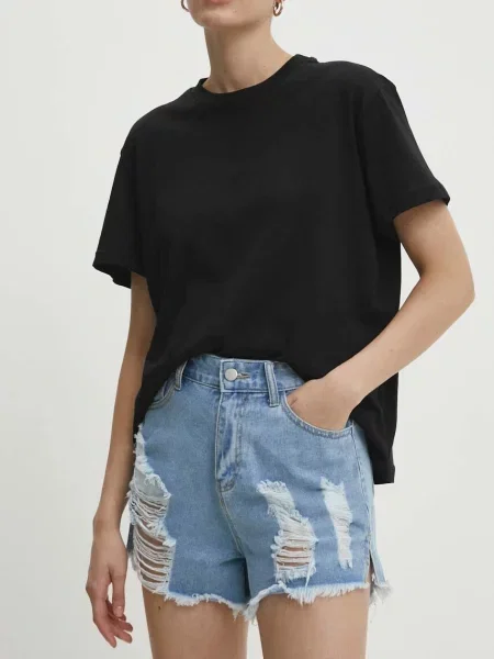 Дънков къс панталон Answear Lab с апликация с висока талия синьо