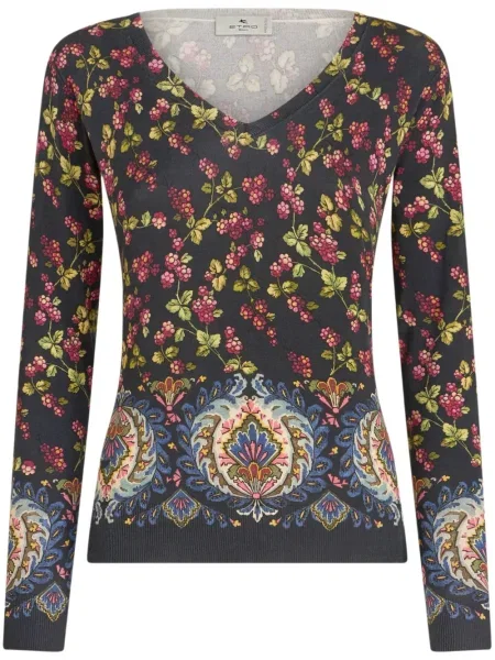 Top Etro cu model floral tricotate cu imagine albastru