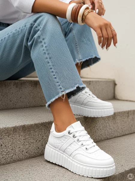 Sneakersy skórzane na grubej platformie Dstreet białe