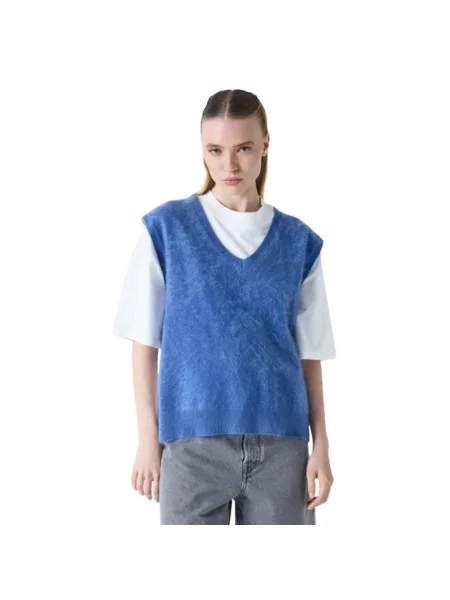 Kamizelka jeansowa Absolut Cashmere z kaszmiru z dekoltem w serek niebieska