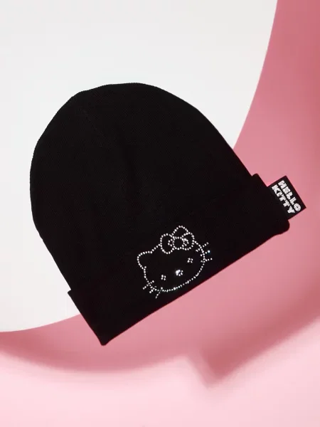Sinsay Žebrovaná čepice s aplikací z kamínků Hello Kitty černá