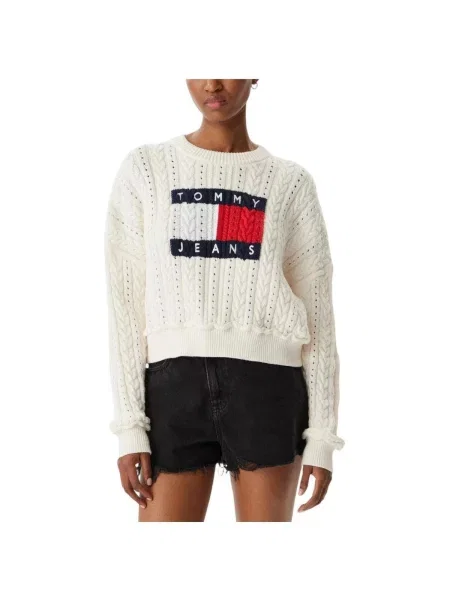 Tommy Jeans Pulover Intarsia Flag Badge Crem alb
