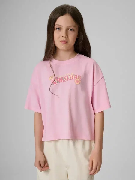 T-shirt regular z nadrukiem dziewczęcy 4F różowa