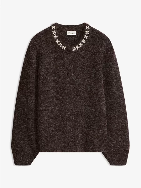 Sweter rozpinany z rękawami bufkami brązowy