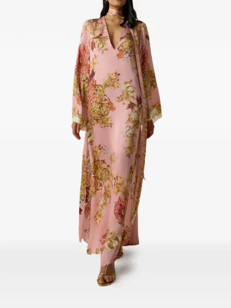 Sukienka maxi Hemant And Nandita w kwiatki z nadrukiem garniturowa różowa