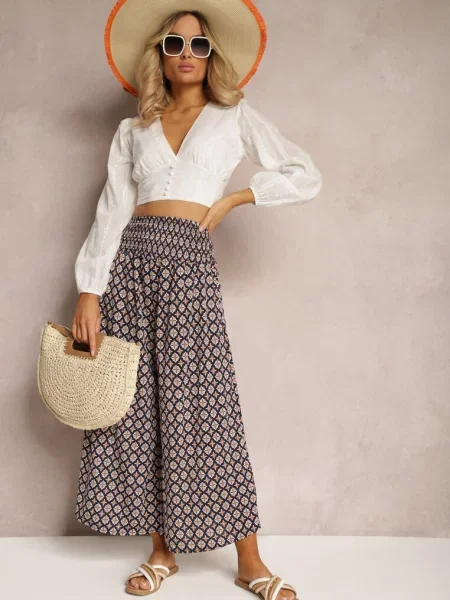 Szerokie Spodnie Kuloty w Kwiaty z Gumką w Pasie Zaphelia granatowe