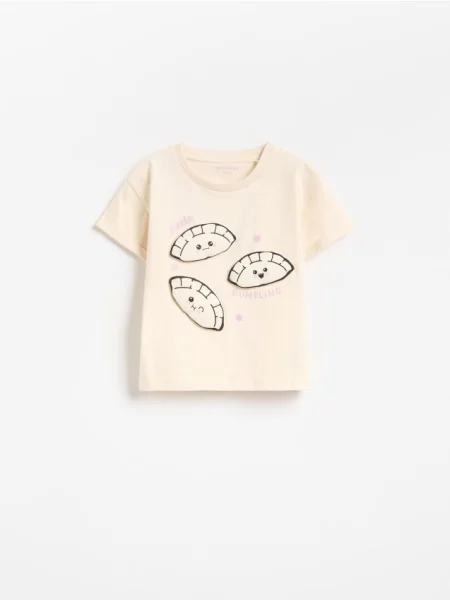 Reserved T-shirt z nadrukiem kremowy
